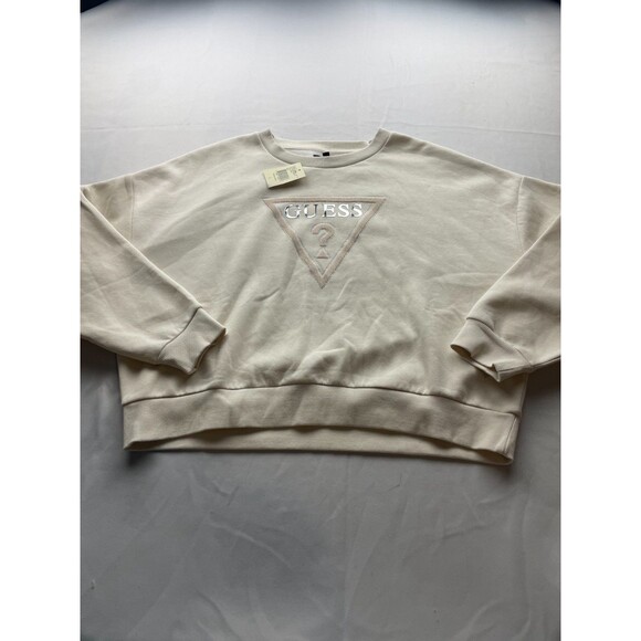 NWT Guess Rhinestone Pony Hair Logo Sweatshirt Large Cream White Fleece Cropped - Picture 1 of 5